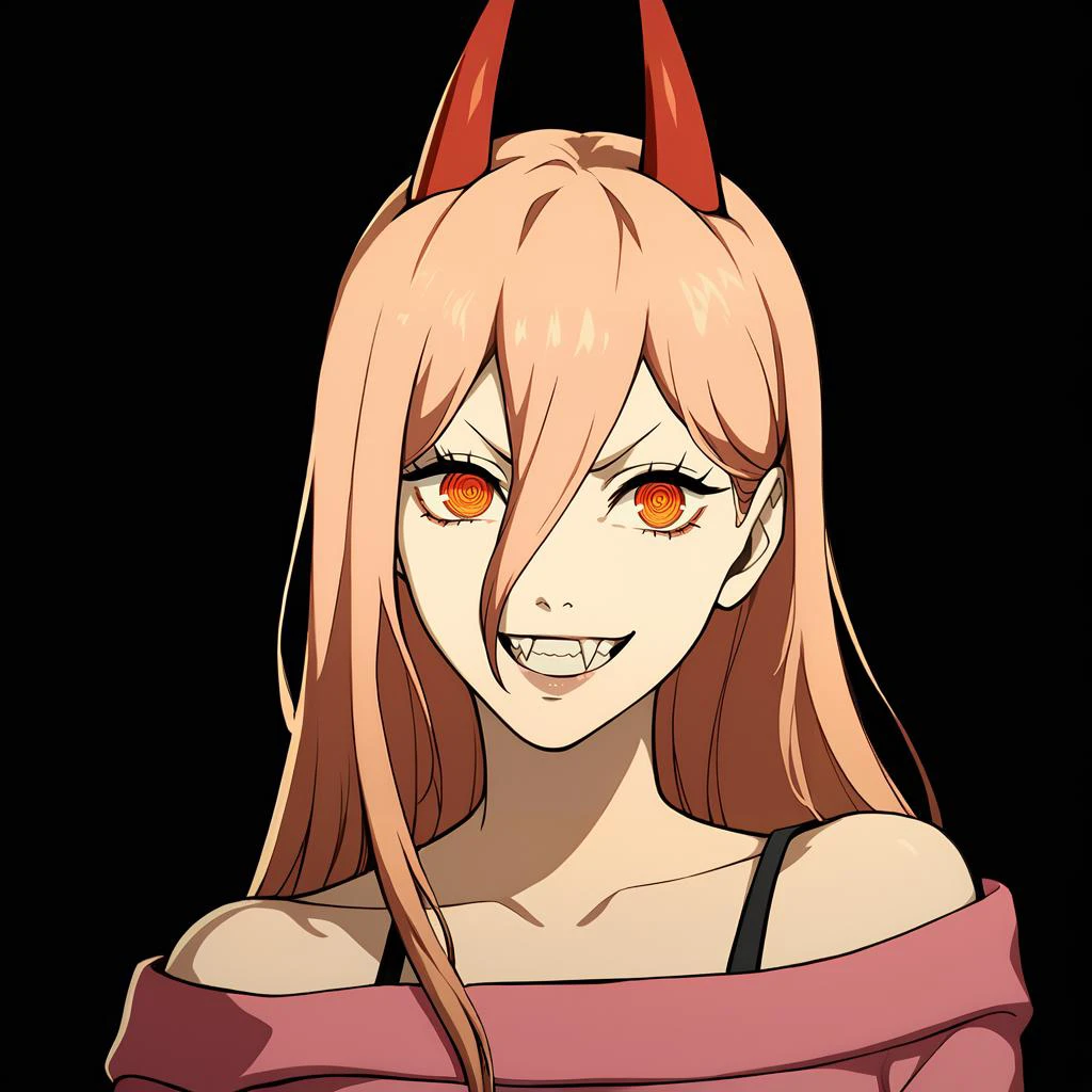 Score_9, score_8_up, score_7_up, source_anime, (cowboy shot),masterpiece, looking at viewer, best quality,beautiful, (black background), upper body, portrait BREAK, power \(chainsaw man\), evil grin, horns, fang, persona, off-the-shoulder pink sweater, BREAK, <lora:Persona_5_Portrait_Style_Pony_upscaled:1>,