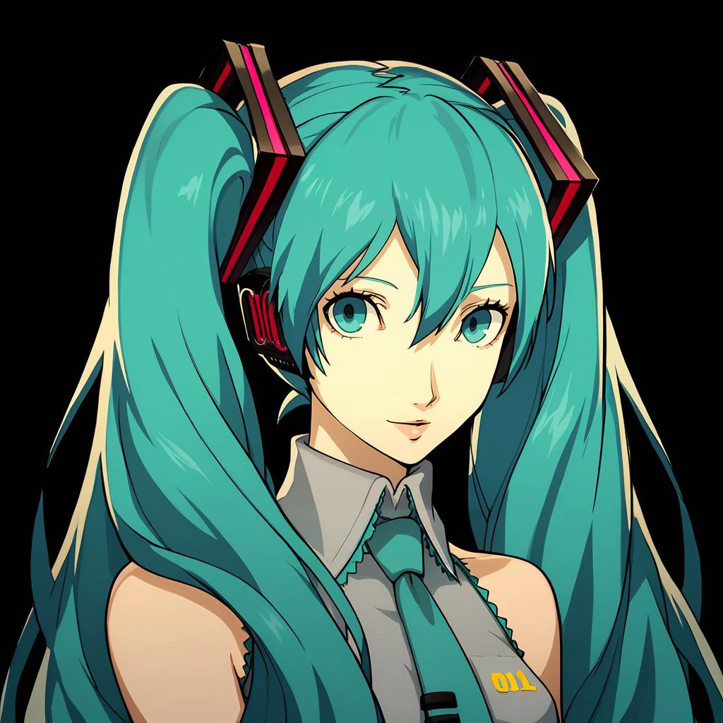 Score_9, score_8_up, score_7_up, source_anime, (cowboy shot),masterpiece, looking at viewer, best quality,beautiful, (black background), upper body, portrait BREAK, hatsune miku, long twintails, persona, BREAK, <lora:Persona_5_Portrait_Style_Pony_upscaled:1>,