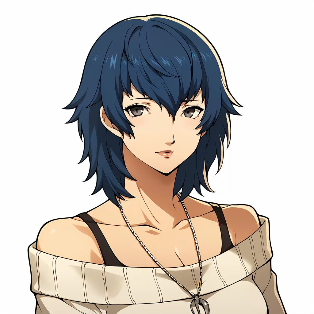 Score_9, score_8_up, score_7_up, source_anime, looking at viewer, cowboy shot,masterpiece, best quality, upper body, 1girl, portrait,beautiful, white background, BREAK, Shirogane Naoto, naotodancing, gray eyes, blue eyes, white sweater, off-the-shoulder sweater, tank top, bullet necklace, BREAK, (mature female, mature face), (medium hair, blue hair:1.3), <lora:Persona_5_Portrait_Style_Pony_upscaled:1>, <lora:persona4_shirogane_ponyXL:1>,