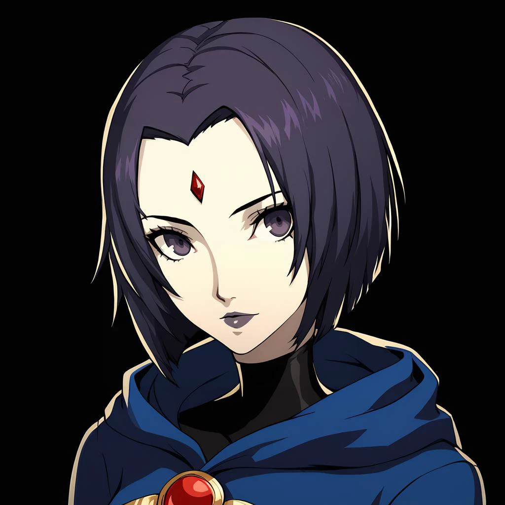 Score_9, score_8_up, score_7_up, source_anime, (cowboy shot),masterpiece, looking at viewer, best quality,beautiful, (black background), upper body, portrait BREAK, raven \(dc\), persona, BREAK, <lora:Persona_5_Portrait_Style_Pony_upscaled:1>,
