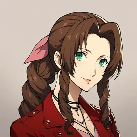 Score_9, score_8_up, score_7_up, source_anime, looking at viewer, cowboy shot, upper body, portrait,masterpiece, best quality,1girl,beautiful,  BREAK, aerith gainsborough,  lockhart, persona BREAK, <lora:Persona_5_Portrait_Style_Pony_upscaled:1>