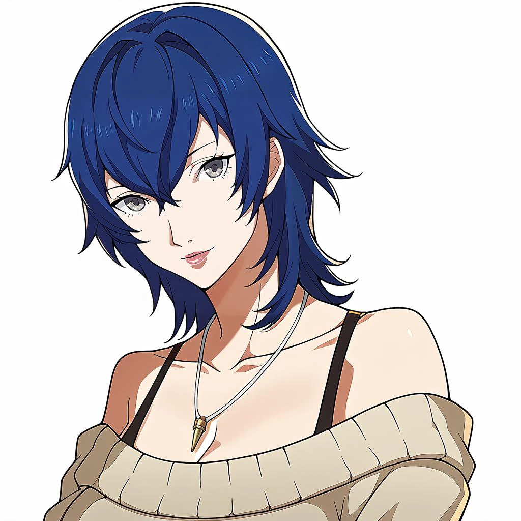 Score_9, score_8_up, score_7_up, source_anime, looking at viewer, cowboy shot,masterpiece, best quality, upper body, 1girl, portrait,beautiful, white background, BREAK, Shirogane Naoto, naotodancing, gray eyes, blue eyes, white sweater, off-the-shoulder sweater, tank top, bullet necklace, BREAK, (mature female, mature face), (medium hair, blue hair:1.3), <lora:Persona_5_Portrait_Style_Pony:1>, <lora:persona4_shirogane_ponyXL:1>,