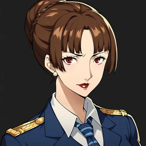 Score_9, score_8_up, score_7_up, source_anime, looking at viewer, cowboy shot,masterpiece, best quality, upper body, portrait,beautiful, black background, BREAK, Makoto Niijima, brown eyes, red eyes, (mature female, mature face, milf:1.3), white shirt, buttons, (formal blue suit, striped tie:1.3), pearl earrings, strict expression, <lora:Persona_5_Portrait_Style_Pony_upscaled:1>, BREAK, brown hair, bangs, (alternate hairstyle, hairbun:1.3), BREAK, formal police uniform, epaulettes, dark red lips
