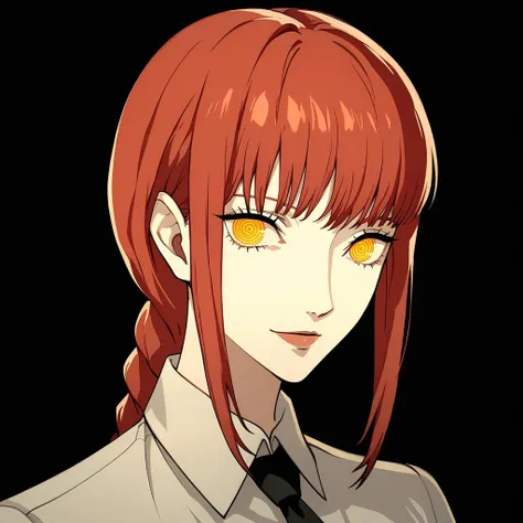 Score_9, score_8_up, score_7_up, source_anime, (cowboy shot),masterpiece, looking at viewer, best quality,beautiful, (black background), upper body, portrait BREAK, makima \(chainsaw man\), persona, BREAK, <lora:Persona_5_Portrait_Style_Pony_upscaled:1>,