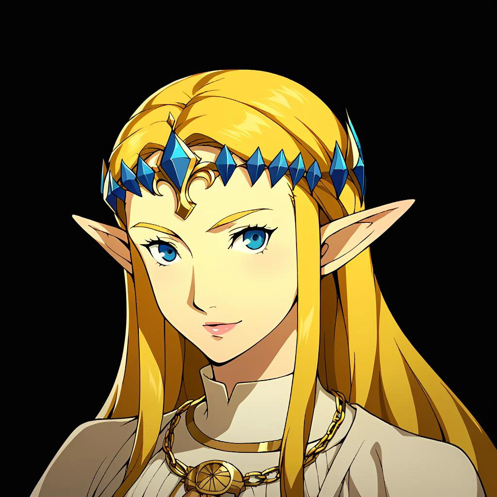 Score_9, score_8_up, score_7_up, source_anime, looking at viewer, (cowboy shot),masterpiece, best quality, upper body, portrait,beautiful, (black background), BREAK, botw_zelda, BREAK, <lora:Persona_5_Portrait_Style_Pony_upscaled:1>,