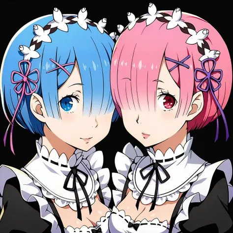 Score_9, score_8_up, score_7_up, source_anime, looking at viewer, (cowboy shot),masterpiece, best quality, upper body, portrait,beautiful, (black background), BREAK, 2girls, twins, ram \(re:zero\), rem \(re:zero\), maid outfit, blue hair, pink hair, BREAK, <lora:Persona_5_Portrait_Style_Pony_upscaled:1>,
