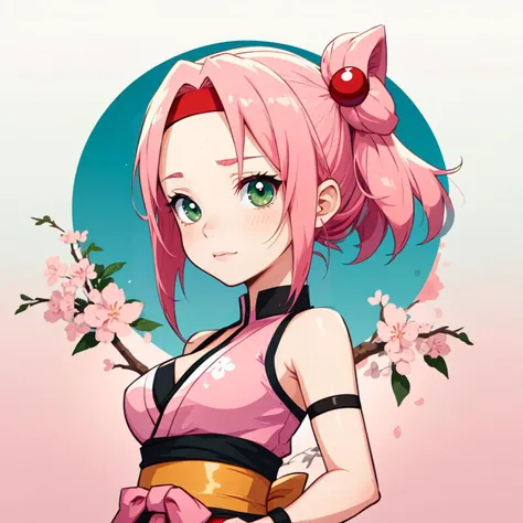 (masterpiece, best quality:1.1), (round logo:1.05), 1girl, solo, (sakura haruno:1.1), from naruto, fair skin, short pink hair, red and white ninja outfit, green eyes, red headband, gradient background, simple background