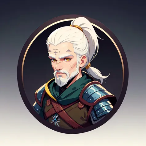 (masterpiece, best quality:1.1), (round logo:1.05), 1boy, male focus, (geralt of rivia:1.05), from the witcher, white and yellow, white hair, long hair, ponytail, yellow eyes, scar on face, beard, chainmail armor, gradient background, simple background
