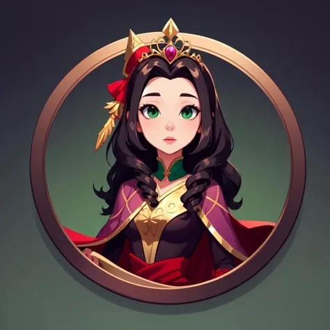 (masterpiece, best quality:1.1), (round logo:1.05), 1girl, solo, (mother gothel:1.1), from disney's tangled, red and black, black hair, long red dress, cape, gold trim, curly hair, green eyes, gradient background, simple background