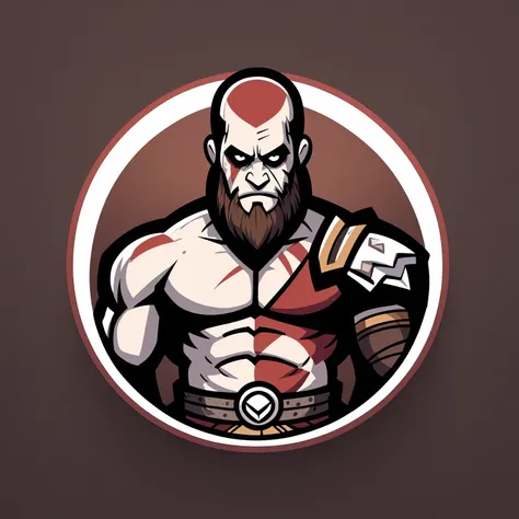 round logo, male focus, (kratos:1.05), from god of war, white and red, bald, beard, brown facial hair, pale, bare chest, red body paint, serious, muscular, white border with brown background, masterpiece, best quality, very aesthetic, absurdres <lora:RoundLogo_XL_E10R16:1>