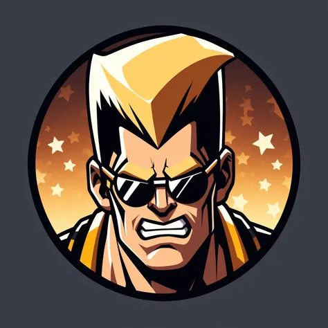 round logo, male focus, (duke nukem:1.05), from duke nukem, red and yellow, flat top hairstyle, blonde hair, sunglasses, muscular, serious face, black border with starry background, masterpiece, best quality, very aesthetic, absurdres <lora:RoundLogo_XL_E10R16:1>