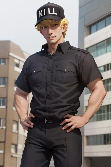 (masterpiece, best quality:1.2), <lora:cellsatwork_killert-10:1>, cowboy shot, solo, male focus, 1boy, killer t cell, smile, closed mouth, looking at viewer, hand on hip, baseball cap, military uniform, short sleeves, black pants
