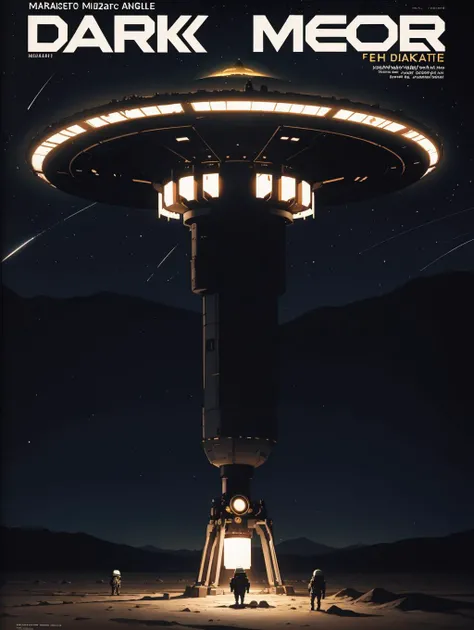 masterpiece,best quality,desert,night,stars,dark atmosphere,UFO,(magazine cover),