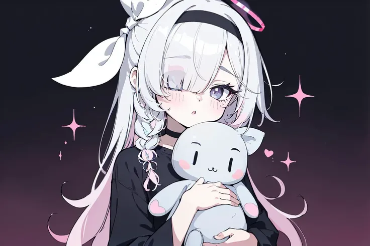 (extremely detailed, best quality, masterpiece, absurdres), <lora:plana_blue_archive_goofy_v1:0.9>, 1girl, solo, blush, plana ba, hair over one eye, black hairband, bow, halo, breasts, baggy clothes, loose shirt, oversized clothes, hugging a plushie, <lora:KawaiiTech:0.6> kawaiitech, pastel colors, kawaii, cute colors, scifi