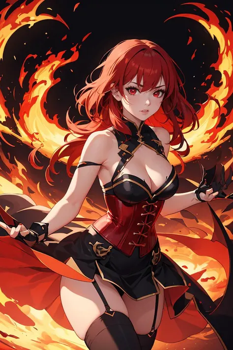(masterpiece, best quality), 1girl, red hair, flaming hair, red eyes, flames, hands in flame, flame blade, red magic circle, red corset, black thighhighs, sidelighting, light particles, abstract,