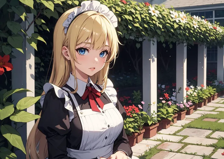 masterpiece,best quality,1girl,blonde hair,blue eyes,bangs,maid,garden,dead or alive,