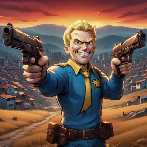 comic vaultboystyle, Meandering Malaysian cartoon man, North Macedonia in background, Ultra Real, Dark, Warm lighting, Provia, graphic illustration, comic art, graphic novel art, vibrant, highly detailed, <lora:vaultboystyle:0.8> vaultboystyle,wielding dual pistols <lora:XL_Weapon_Dual_Pistols_-_By_HailoKnight:0.8> dual pistols