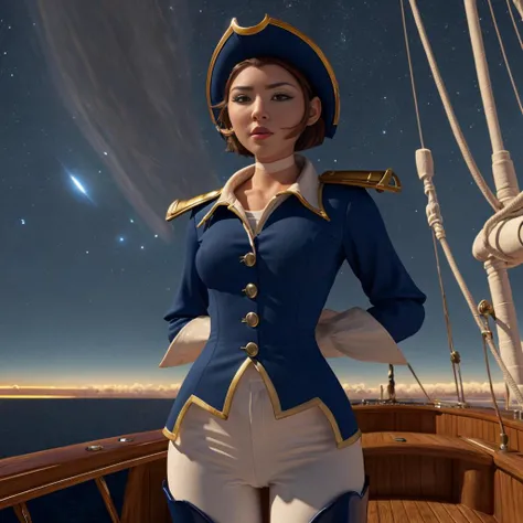 <lora:CaptainAmelia_character:1>, Captain Amelia standing on by a ships helm, hands on hips, white pants, black thigh boots, hat, detailed, night sky, milky way in background, treasure planet style, solo female, pirate ship, sails, full body shot, 8K UHD, best quality, volumetric lighting, (extremely clear), realism, detailed and intricate, 1girl, beautiful (slutty) sexy buxom woman, looking at the viewer, located (at an 1800's sky port in outer space, starry sky),