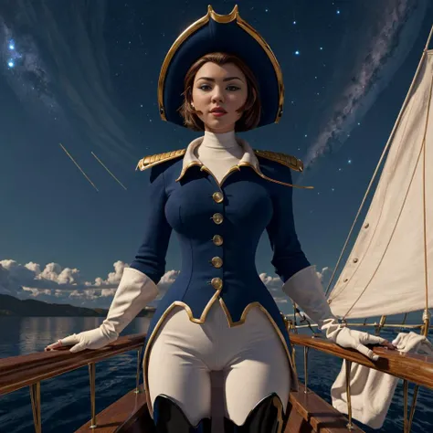 <lora:CaptainAmelia_character:1>, Captain Amelia standing on by a ships helm, hands on hips, white pants, black thigh boots, hat, detailed, night sky, milky way in background, treasure planet style, solo female, pirate ship, sails, full body shot, 8K UHD, best quality, volumetric lighting, (extremely clear), realism, detailed and intricate, 1girl, beautiful (slutty) sexy buxom woman, looking at the viewer, located (at an 1800's sky port in outer space, starry sky),