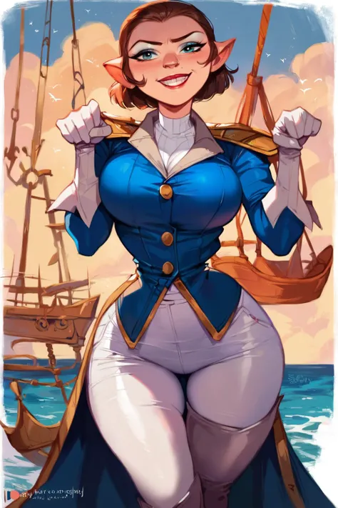 score_9, score_8_up, score_7_up, score_6_up, 1girl leaning forward, (blue jacket, coat, white pants, thigh boots, epaulettes, elbow gloves:1.1), curvy, big breasts, narrow waist, wide hips, thick thighs, looking at viewer, dynamic angle, cowboy shot, sexy, disney, realistic, realism, pixar, ship, sea, cute pose, open clothes, naughty face, <lora:CaptainAmeliaXLP_Character:1> AmeliaCapXLP, blushyspicy, <lora:BlushySDXL:0.6>