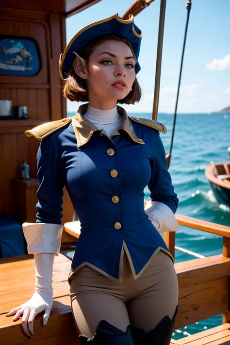 photo of a beautiful woman, (skinny:1.2), fit, detailed hair, detailed face, beautiful eyes,
((blue uniform, thighhighs, thigh boots, gloves, hat, epaulettes, (pants:1.3))), ((pointy ears)),
(blurred sea background, wooden boat), (standing pose), (view of front),
erotic, elegant, sensual, seductive, (masterpiece, best quality), (photorealistic:1.4), full body, perfect illumination, (best shadow),
ameliacapwaifu, <lora:CaptainAmelia_character:0.9>