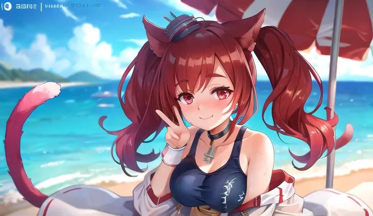 sfw, beach, sea, sand, beach umbrella, sun is up, sunlight, glowing, sitting, looking at viewer, ships far away, (masterpiece,highres,(Realism),4K, 8K, Detailed Illustration, Ultra-Detailed, Ambient Light,best quality, etremally detailed face:1.2), wet, (sweat body:1.1), (beautiful detailed eyes), nose_blush,(shiny skin), realistic, blurry, white bedsheet, i-19\(azur lane\),school_swimsuit,jacket,white_legwear,cat tail, twintails,sleeves_past_wrists, sleeves_past_fingers,hat, smiling       <lora:i-19_v1.0:1>