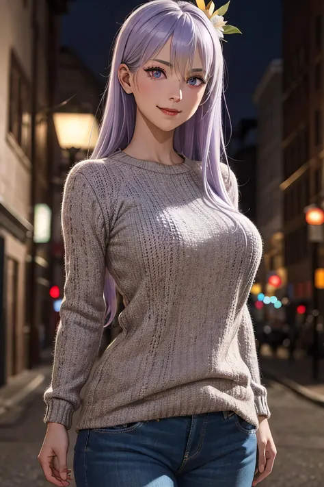 masterpiece, (best quality), 1woman,1girl ,reona, silver hair, purple hair , long hair, purple eyes, ,sexy woman,hair between eyes ,sweater, (fully clothed), ((closed clothes)),jewelry, hair ornament, vibrant colors ,embarrassed,smile, blush, natural lighting ,RTX, large breasts, beautiful, (detailed face:1.2), showcase, (perfect eyes:1.1) ,(photorealistic:1.1), 8k uhd, looking a viewer, outdoors, simple backround, adult ,(perfect proportions)