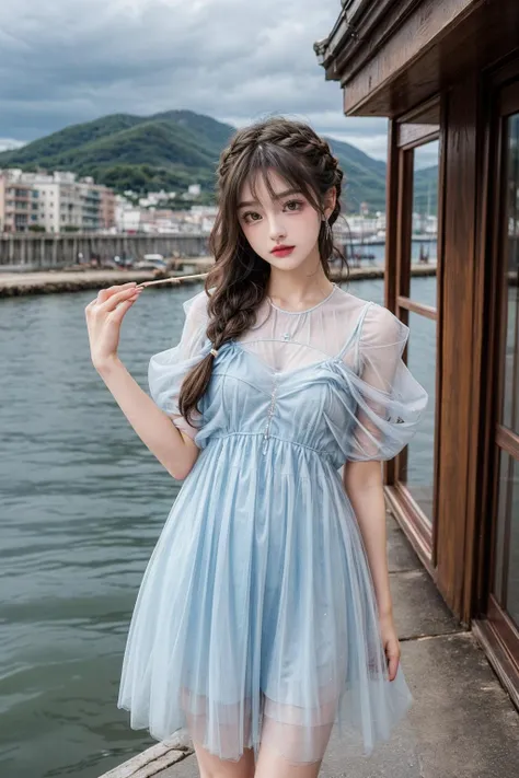 best quality,[masterpiece],((beautiful:0.75) cute girl:0.75),Professional,photo_(medium),ultra-fine painting,1girl,(long hair:1.4),outdoors,(front:1.3),(standing:1.3),seaside,cloudy sky,(cowboy_shot:1.2),braid,
<lora:add_detail:1>, <lora:Sweet girl clothes8:0.75> Sweet girl clothes8,gem