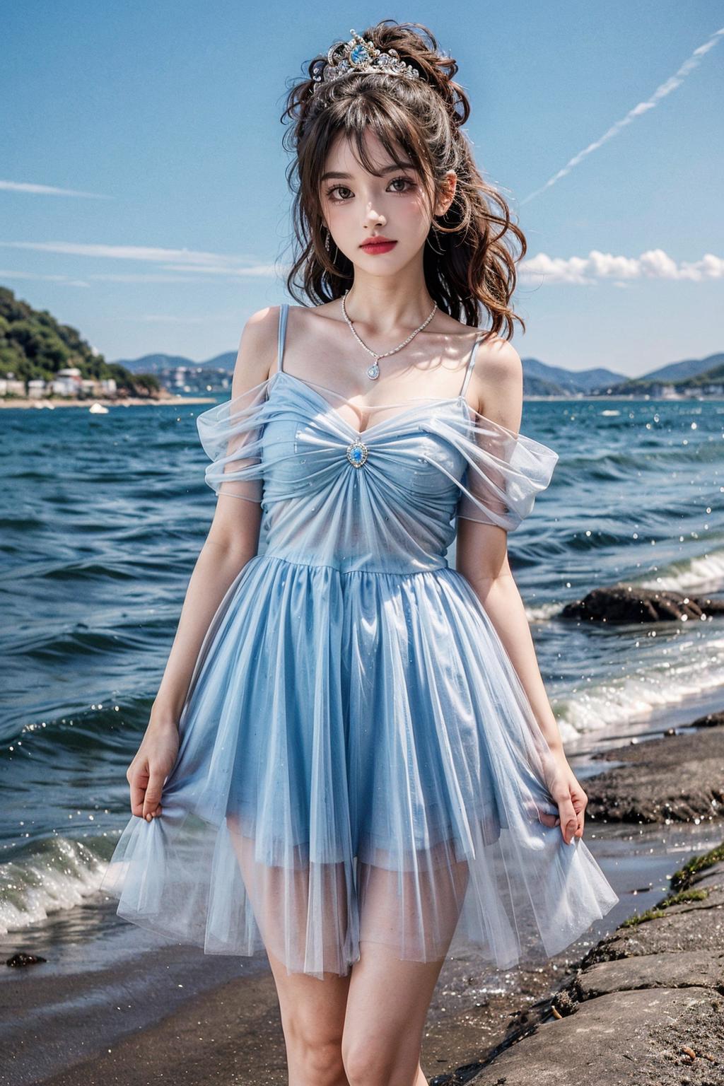 A woman in a blue dress standing on a beach near the water - SeaArt AI