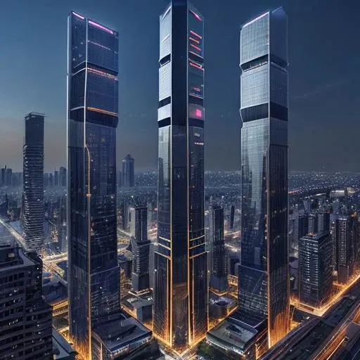 Hyper futuristic city in asia in the night with lots of tall building and light with flying cars