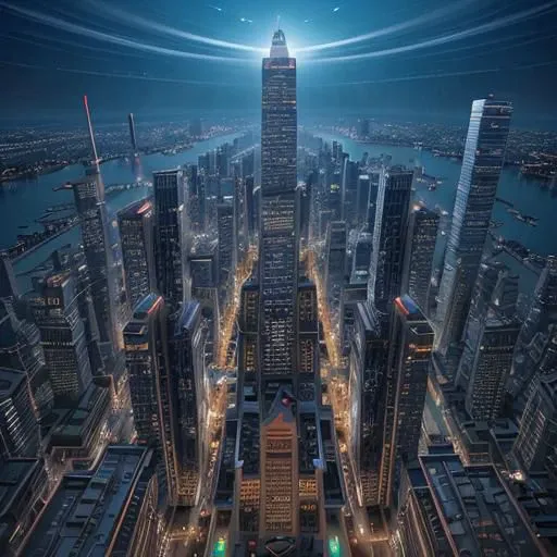 Hyper futuristic city in asia in the night with lots of tall building and light with flying cars