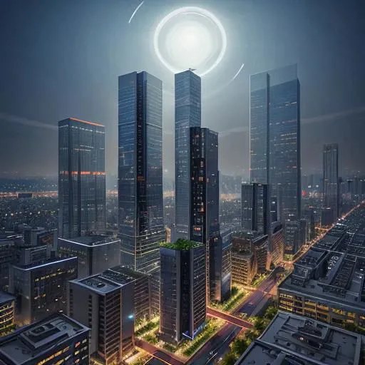 Hyper futuristic city in asia in the night with lots of tall building and light with flying cars