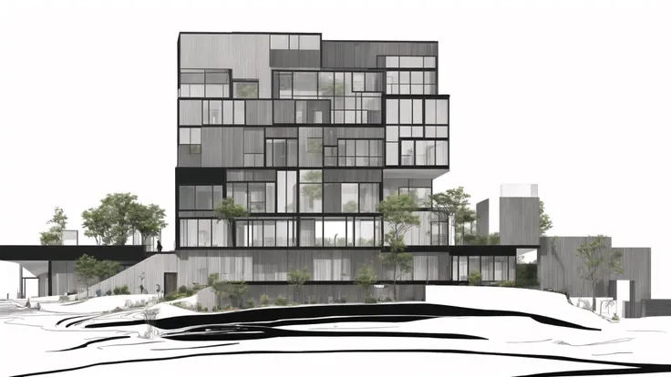 a modern residence,Minimalist design,
Open space,
Large windows,
Sustainability,
Smart home technology,
Natural elements,
Multi-functional spaces,