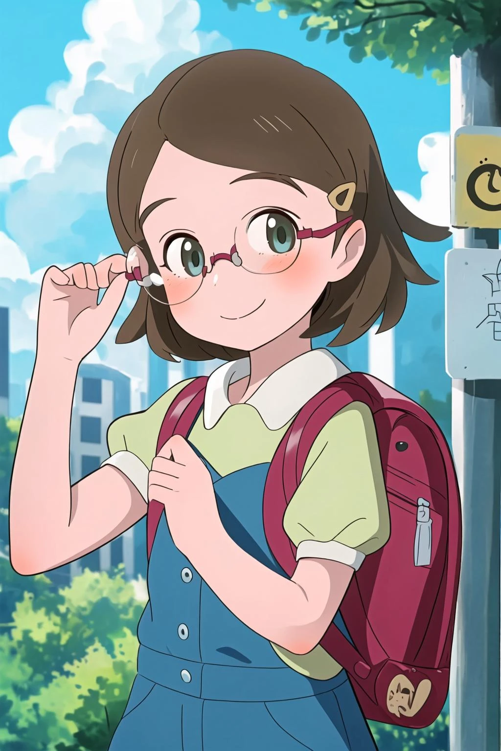 ((Masterpiece)), (best quality), 1girl, JuriAndou, smile, happy, beautiful outdoor setting, glasses, backpack, bus stop, <lora:JuriV1A1-000004:1>
