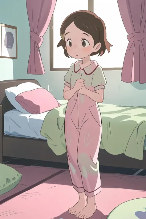 pee stain, woman wearing pyjamas in bathroom, in front of toilet, standing up, puddle, peeing, blush, pee stained crotch, trickle down leg, crying