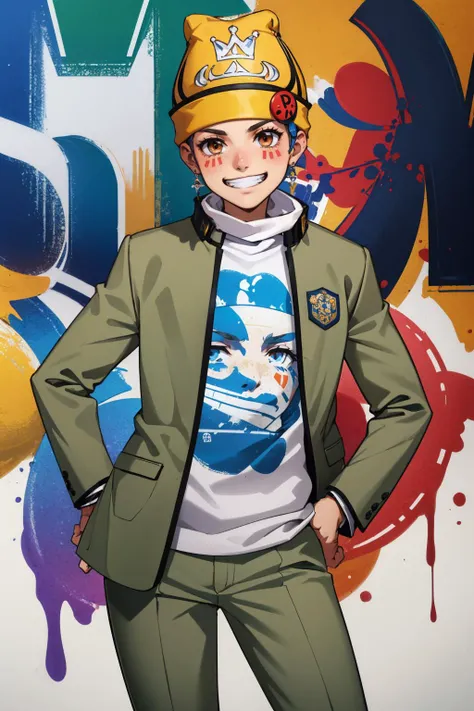 masterpiece, best quality, absurdres, beautiful, graffiti, grin
<lora:Mark:1> markp1, beanie, school uniform, pants, shirt