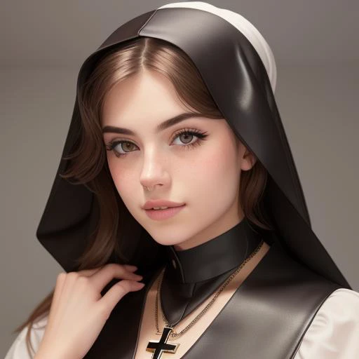 Nun, Brown Hair, Cross necklace, wearing leather <lora:hannahOwo_v1:0.7> A professional full-length portrait photograph, masterpiece, finely detailed skin, sharp focus, depth of field. female focus. bokeh:1.4, cinematic lighting, high-res, masterpiece:1.4, best quality, photorealistic, best quality, realistic, 4k, high quality, hyper_detail, skin details. RAW photo, (high detailed skin:1.3), 8k UHD, DSLR, soft lighting, film grain, Fujifilm XT3, Hasselblad photography, Digital Compositing.