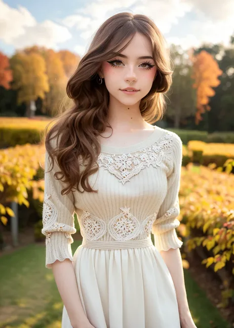 (masterpiece),(best quality), (ultra highres), detailed photo, portrait, detailed, petite, <lora:hannahOwo_v1:0.95>, intricate lace dress, knit sweater, detailed beautiful skin, dynamic pose, sexy, garden background, autumn, clouds, bokeh, depth of field, (anime style)