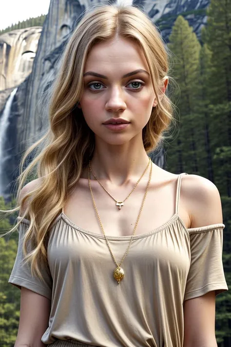 European woman, closeup, (shirt), pants, (yosemite), gold necklace , ZM_debora , wide shoulders, perfect face, (contact iris: 1.1), pale skin, skin pores , depth of field