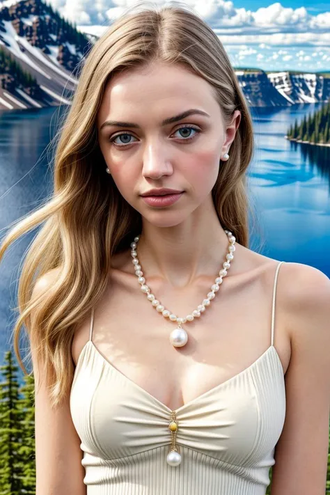 European woman, closeup, (shirt), pants, (crater lake national park), pearl necklace , ZM_debora , wide shoulders, perfect face, (contact iris: 1.1), pale skin, skin pores , depth of field