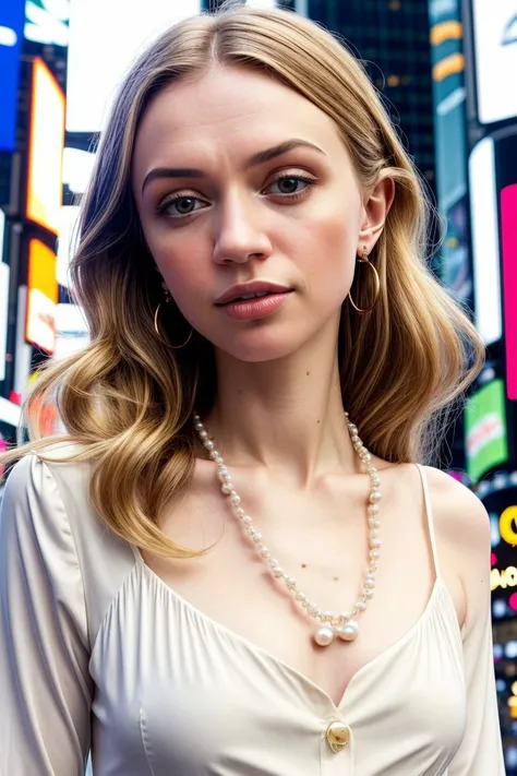 European woman, closeup, (shirt), pants, (times square), pearl necklace , ZM_debora , wide shoulders, perfect face, (contact iris: 1.1), pale skin, skin pores , depth of field