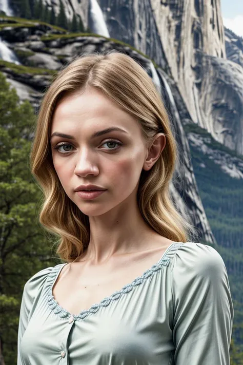 European woman, closeup, (shirt), pants, (yosemite), (), ZM_debora , wide shoulders, perfect face, (contact iris: 1.1), pale skin, skin pores , depth of field