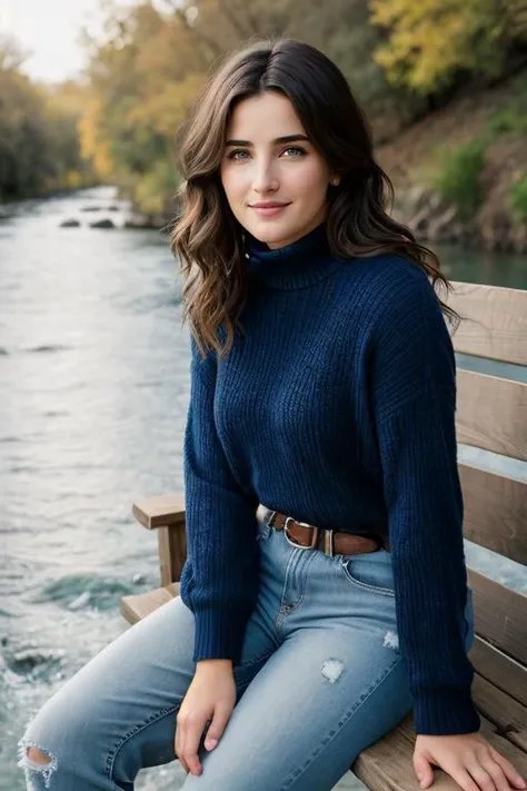 ((Full Body View)),  CobieS, ((wearing a turtleneck and distressed jeans)), ((sitting on a bench next to a river)), 8k raw, high res, ultrarealistic, hyperrealistic, soft lighting, good lighting, textured skin, photorealism, high details, DSLR photo, detailed face, detailed hair, skin pores, (looking at viewer), (Real Eyes), (Detailed Eye Corneas), (detailed pupils), ((smiling)), photo lab, elegant, insane details, hyperdetailed, low contrast, epiCRealism, Detailed and realistic photography, intricate and realistic eyes, shot outside, skin texture, soft natural lighting, 85mm lens, magical photography, dramatic lighting, ultra-detailed, Kodak 800T, ((SFW))