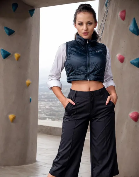 cinematic film still <lora:quiron_MichelleWild_v1_Lora:0.57> MichelleWildQuiron woman, a woman wearing (Vest and Cropped wide-leg pants: Wide-legged pants that end above the ankle.) . shallow depth of field, vignette, highly detailed, high budget Hollywood movie, bokeh, cinemascope, moody, epic, gorgeous, film grain, grainy, realistic, a woman Rock climbing (indoor and outdoor) wearing Cropped jacket and Cargo pants: Pants with multiple pockets, often inspired by military wear.,