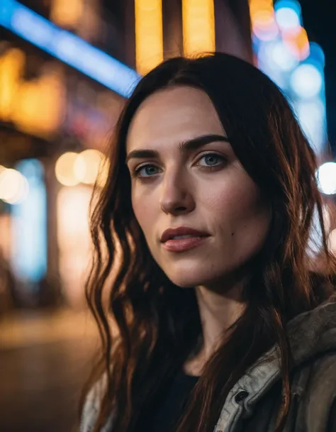 cinematic photo professional close-up portrait photography of the face of a beautiful ((ohwx woman)) at street art during Evening, Nikon Z9 <lora:katiemcgrath_dh128_v1:1> . 35mm photograph, film, bokeh, professional, 4k, highly detailed