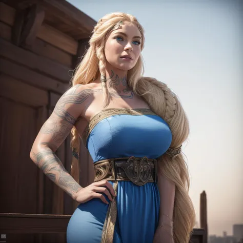 Best_QualityPos, RAW photo, intricate details, best quality, 8k uhd, soft lighting, 1girl, solo, gow_sif, blue eyes, braid, long hair, blonde hair, tattoo, shoulder tattoo, jewelry, toned, blue dress, brown waist belt <lora:gow_sif:0.6>