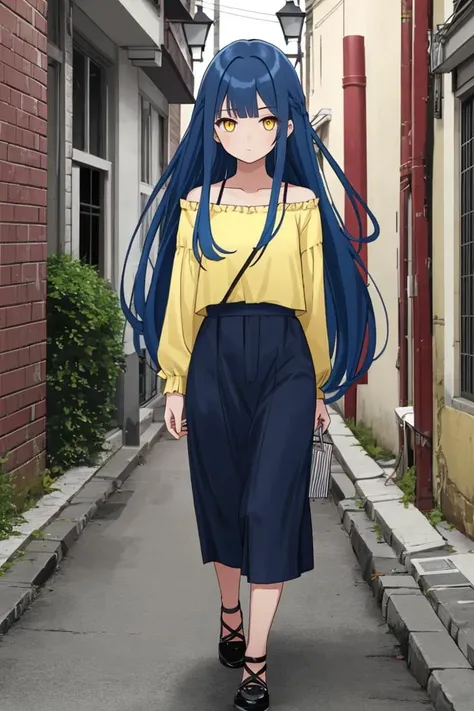 alley, facing viewer, 1girl.solo, long hair, blue hair, black hair, yellow eyes