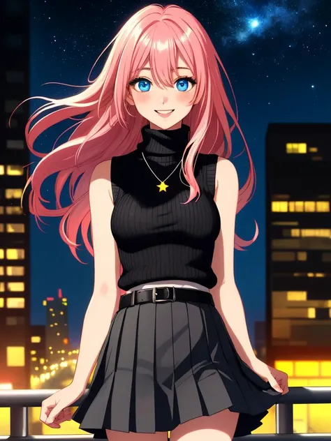 /imagine an anime picture in (Ultra-HD-details, discreet, emphasized-details, life-size-body, cutesie)
50mm lens
aperture opening of f/4.0
(cinematic light, depth of field, vivid colors like HDR+, sharp focus)
The youthful top model is posing for this image that frames (upper body) in a (night city background with starry night, fantasy, glowing), this top model is
1girl, pink hair, long hair, (Her silky hair sways in the wind), vivid blue eyes, hair between eyes, blush, confident smile, closed mouth, very cute, bangs, medium breasts, smile, (dressing a sweater, turtleneck sweater, (sleeveless), necklace, skirt, pleated skirt, (black skirt), black belt)
\\ Made with ONE FOR ALL checkpoint by Chaos Experience @ https://civitai.com/user/ChaosExperience/ \\