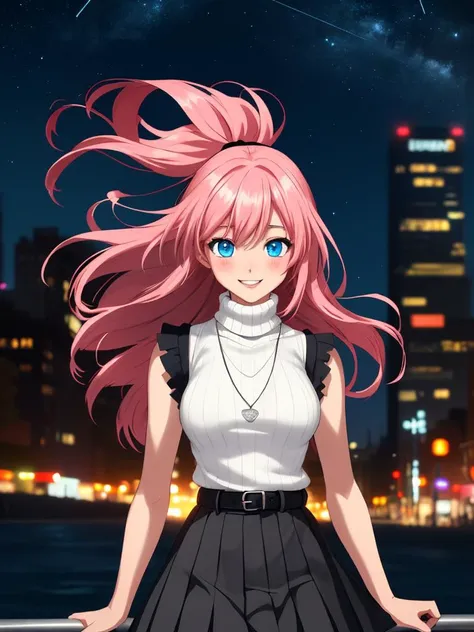 /imagine an anime picture in (Ultra-HD-details, discreet, emphasized-details, life-size-body, cutesie)
50mm lens
aperture opening of f/4.0
(cinematic light, depth of field, vivid colors like HDR+, sharp focus)
The youthful top model is posing for this image that frames (upper body) in a (night city background with starry night, fantasy, glowing), this top model is
1girl, pink hair, long hair, (Her silky hair sways in the wind), vivid blue eyes, hair between eyes, blush, confident smile, closed mouth, very cute, bangs, medium breasts, smile, (dressing a sweater, turtleneck sweater, (sleeveless), necklace, skirt, pleated skirt, (black skirt), black belt)
\\ Made with ONE FOR ALL checkpoint by Chaos Experience @ https://civitai.com/user/ChaosExperience/ \\