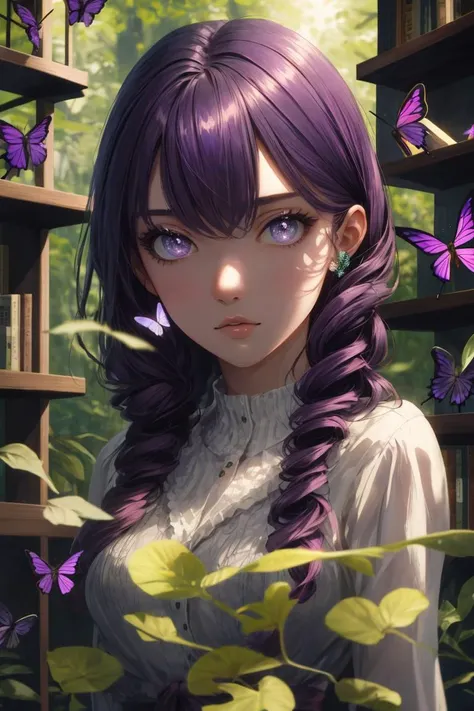 (masterpiece), best quality, expressive eyes, perfect face A young woman, long curly hair, purple hair, attractive leaves, 26 years old, looks beautiful, elegant, calm, the background is a light purple tone, natural, there are butterflies that radiate beauty. A shelf hangs behind it. forest
<lora:beautiful detailed eyes:0.8>
<lora:Furtastic_Detailer:1>